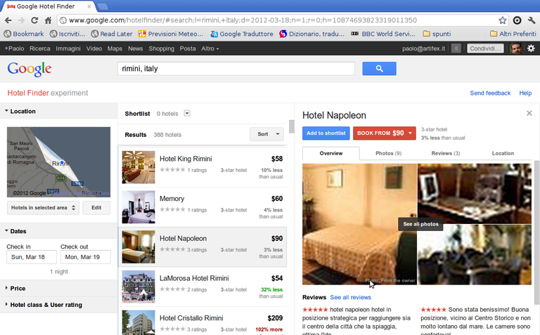 Nuova schermata Google Hotel Finder